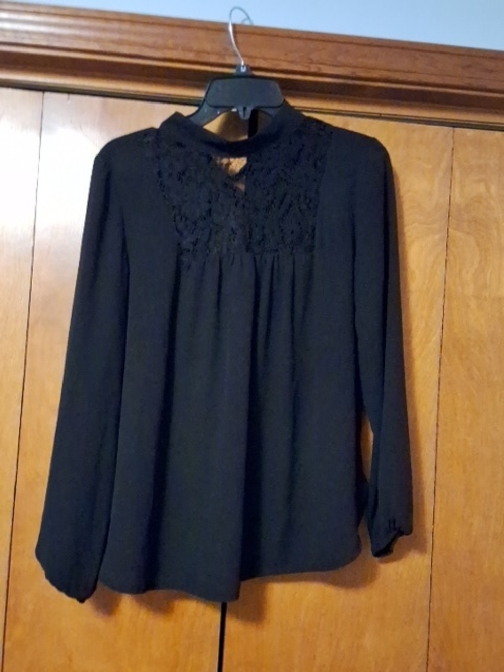 Elegant Black Long-Sleeve Blouse with Lace Yoke